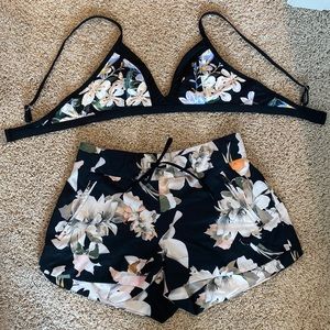 Athleta Floral Boho Bikini Top Black Small and floral shorts size 6
